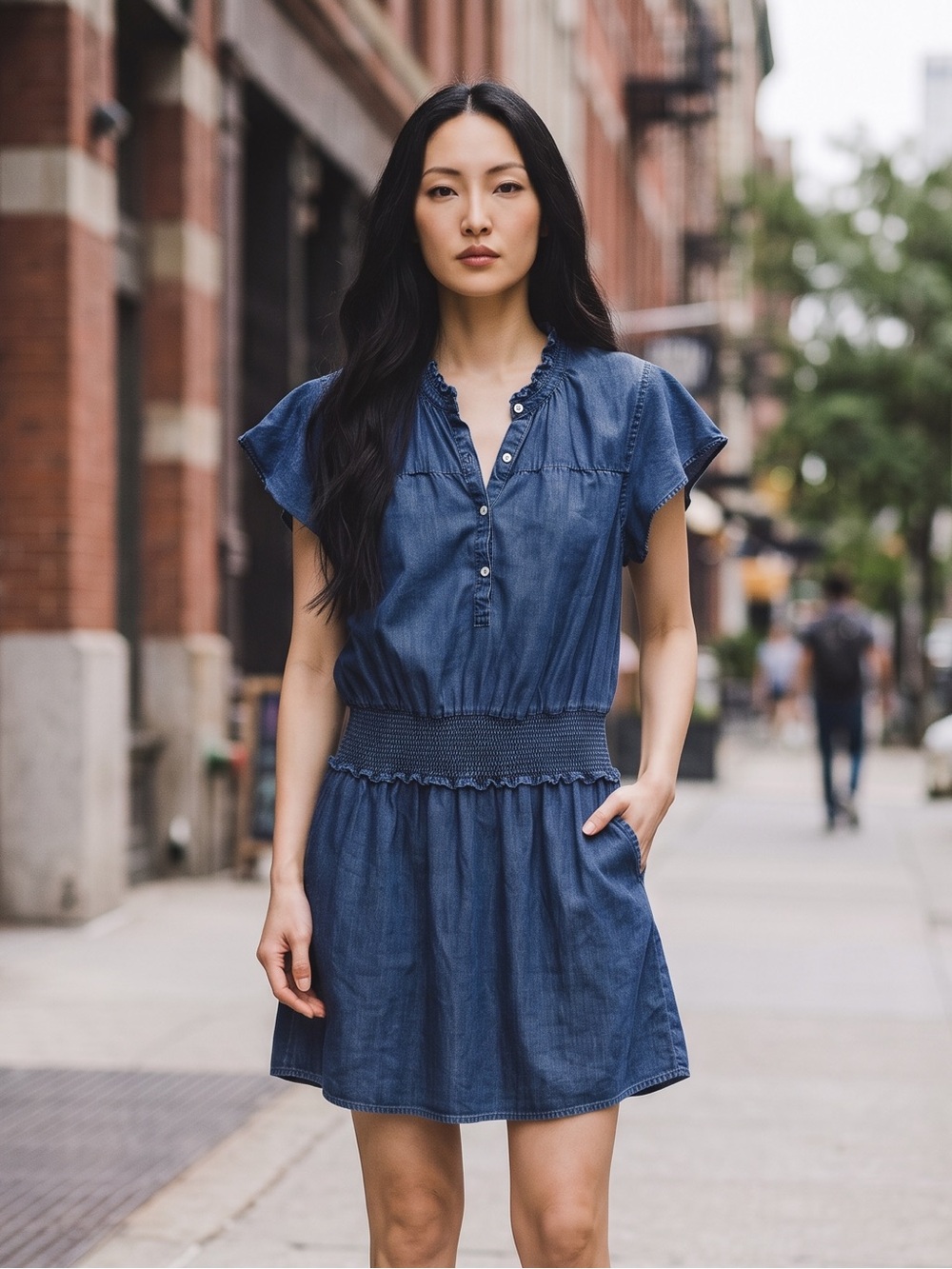 Rails Denim Blue Short-Sleeve Smocked Waist Mini Dress